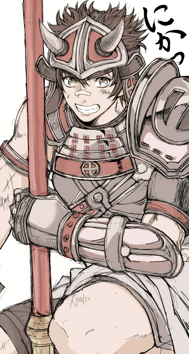 1boy, armor, axe, brown_hair, highres, male_focus, sengoku_musou, shimazu_toyohisa_(sengoku_musou)