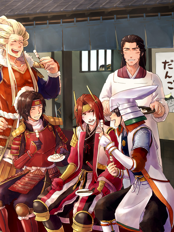 armor, chibi, dango, date_masamune_(sengoku_musou), eating, food, headband, helmet