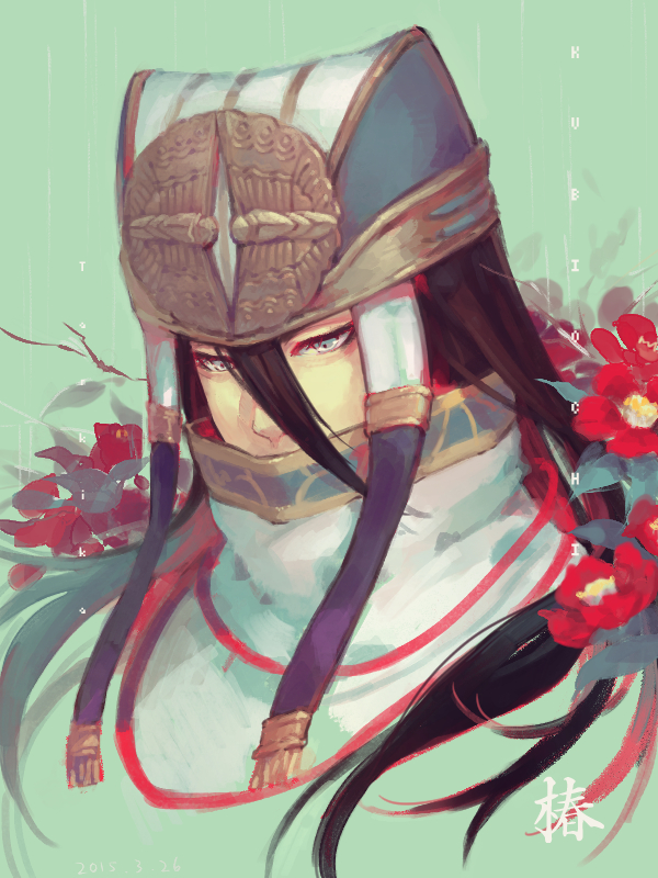 black_hair, flower, headdress, long_bangs, male_focus, otani_yoshitsugu_(sengoku_musou), rain, sengoku_musou