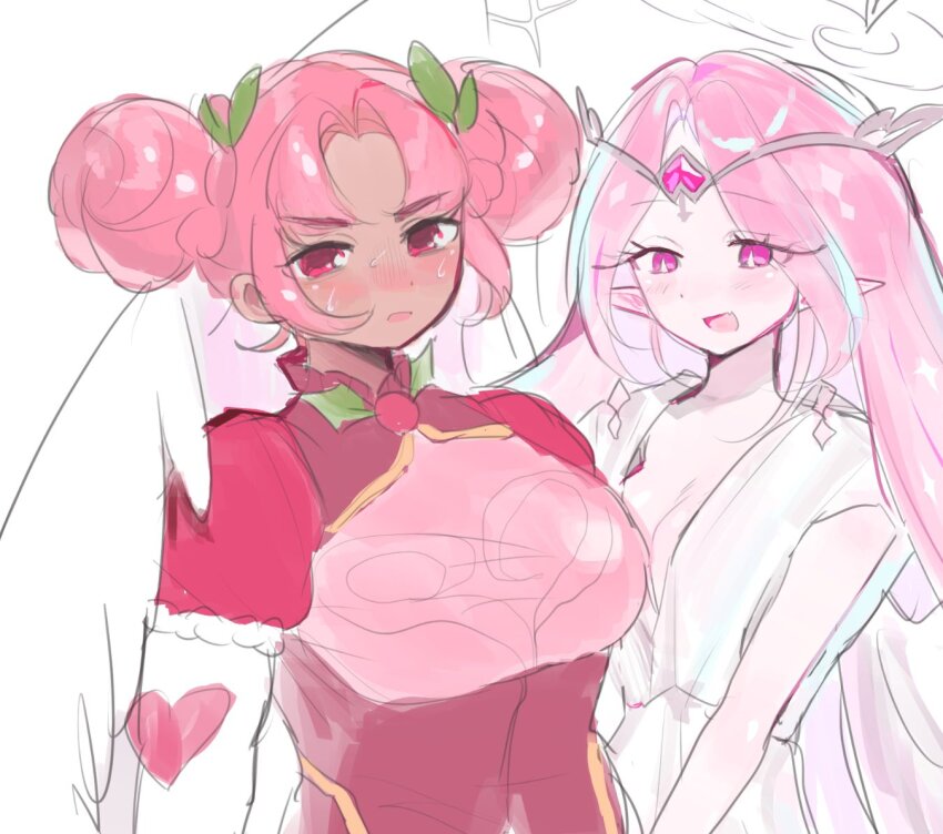 2girls, angel, angel_wings, colored_skin, cookie_run, cookie_run:_kingdom, crk_gyul, dress, eternal_sugar_cookie, hair_bun, hollyberry_cookie, long_hair, looking_at_viewer, multiple_girls, pink_eyes, pink_hair, pink_skin, smile, very_long_hair, white_dress, wings