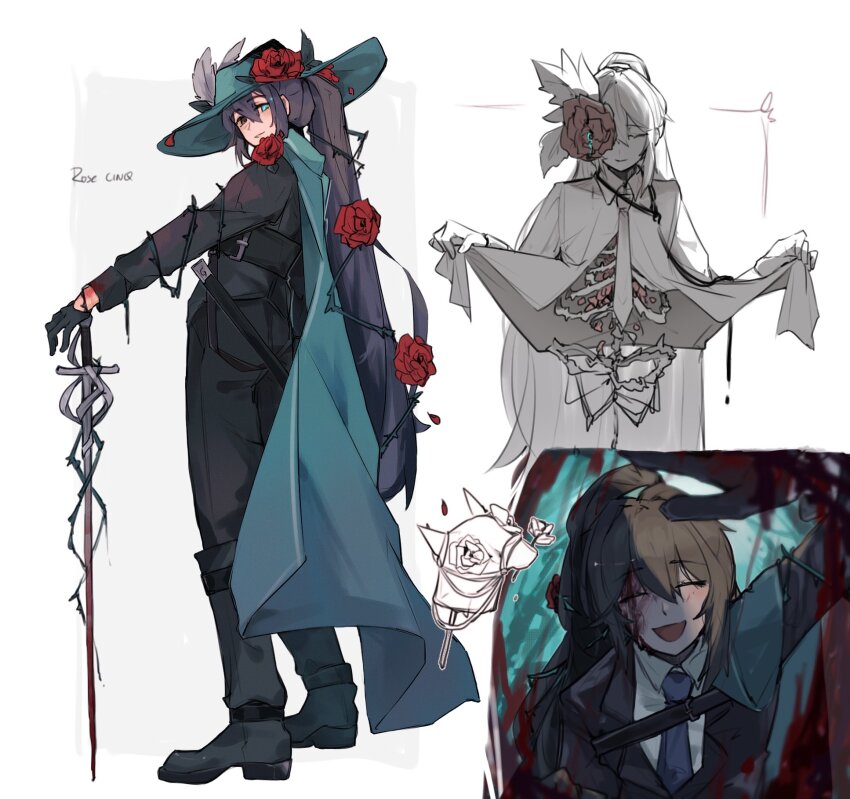 1boy, :d, arm_vines, black_hair, black_pants, black_shirt, black_shoes, blue_eyes