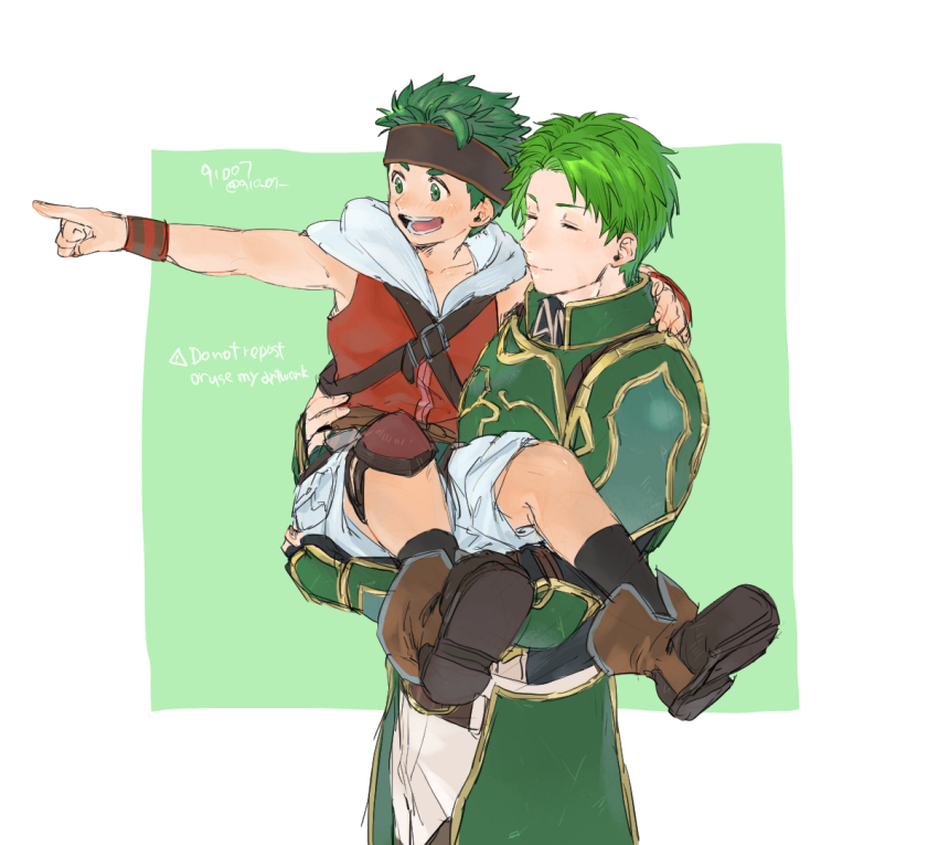 2boys, 91007, :d, aged_down, ankle_boots, arm_around_neck, armor, artist_name