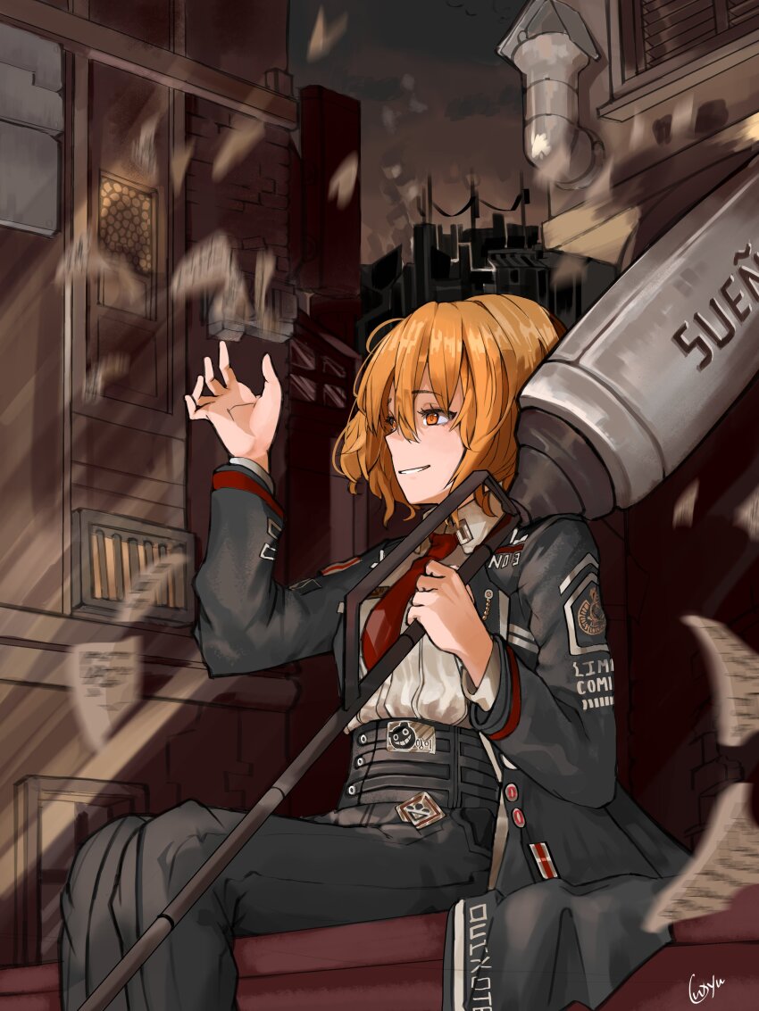 1girl, absurdres, black_jacket, black_pants, blonde_hair, collared_shirt, don_quixote_(project_moon), full_body