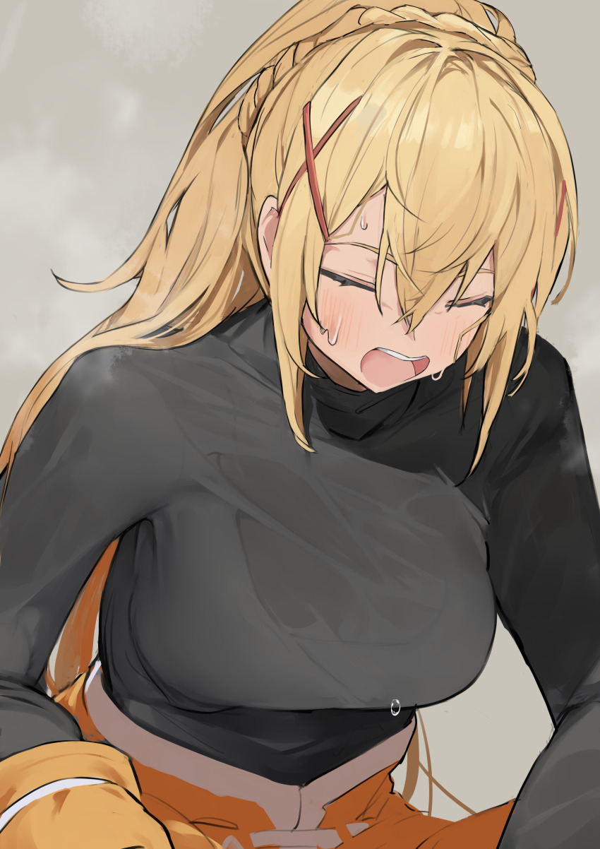 1girl, absurdres, black_bodysuit, blonde_hair, bodysuit, bra, bra_visible_through_clothes, breasts