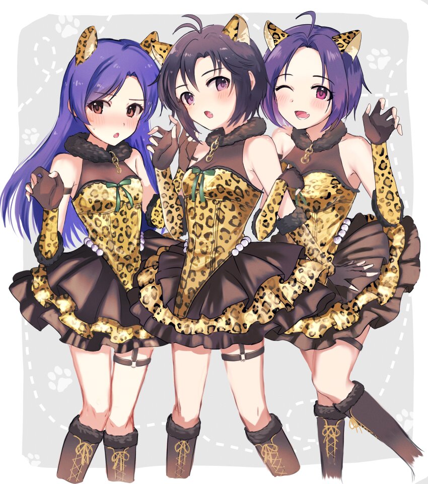 3girls, absurdres, animal_ears, animal_print, black_boots, black_hair, blue_hair, blush