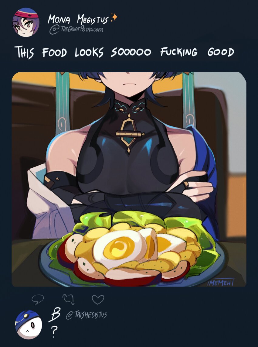 1boy, absurdres, apple, apple_slice, barbeloth_(genshin_impact), bare_shoulders, black_hair, bridal_gauntlets, crossed_arms, dodoco_(genshin_impact), egg, egg_(food), fake_screenshot, food, fruit, genshin_impact, hardboiled_egg, head_out_of_frame, highres, japanese_clothes, lettuce, memeh, mona_(genshin_impact), open_clothes, plate, potato, salad, satisfying_salad_(genshin_impact), scaramouche_(genshin_impact), short_hair, short_sleeves, upper_body, wanderer_(genshin_impact)