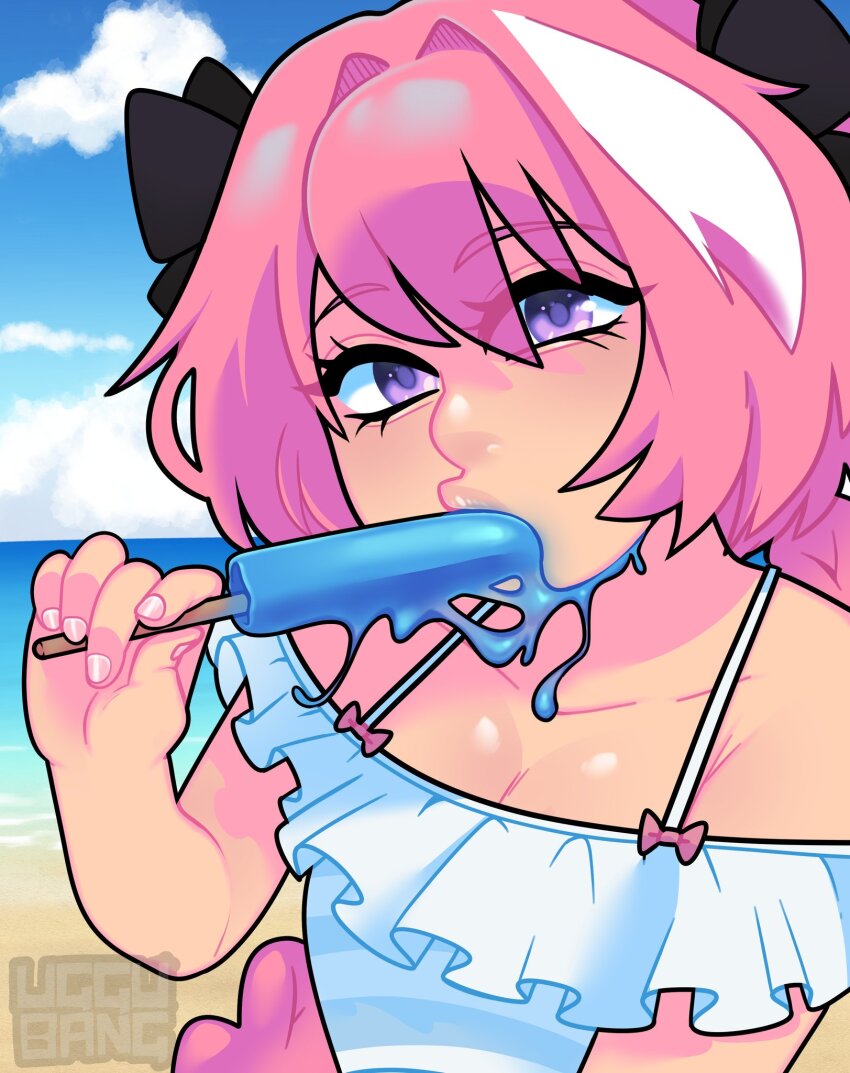 1boy, astolfo_(fate), astolfo_(sparkling_frills)_(fate), bare_shoulders, beach, bikini, black_bow, blue_sky, bow, braid, cloud, crossdressing, crossdressing_(mtf), dripping, eyelashes, fate/extella, fate/extella_link, fate/extra, fate_(series), food, food_in_mouth, frilled_bikini, frills, hair_bow, hair_intakes, hand_up, highres, holding, holding_food, holding_popsicle, long_braid, long_hair, looking_at_viewer, male_focus, melting_popsicle, multicolored_hair, ocean, off-shoulder_bikini, off_shoulder, phallic_symbol, pink_hair, polo, popsicle, popsicle_in_mouth, purple_eyes, sexually_suggestive, single_braid, sky, solo, spaghetti_strap, streaked_hair, swimsuit, trap, uggu_bang, water