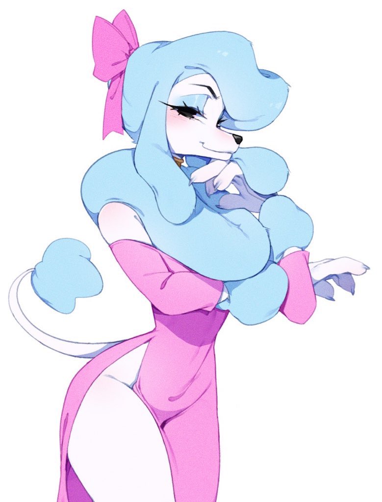 1girl, animal_ears, animal_hands, black_eyes, blue_eyeshadow, blue_fur, blue_hair, bow, collar, commentary, dog_ears, dog_girl, dog_tail, dress, english_commentary, eyeshadow, from_side, furry, furry_female, georgette_(oliver_&amp;_company), hair_bow, looking_at_viewer, makeup, oliver_&amp;_company, personification, pink_bow, pink_dress, poodle, punipaws, simple_background, smile, snout, solo, standing, tail, white_background, white_fur