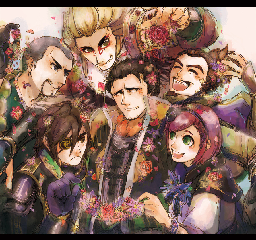 armor, ascot, blush, date_masamune_(sengoku_musou), eyepatch, flower, gracia_(sengoku_musou), honganji_kennyo