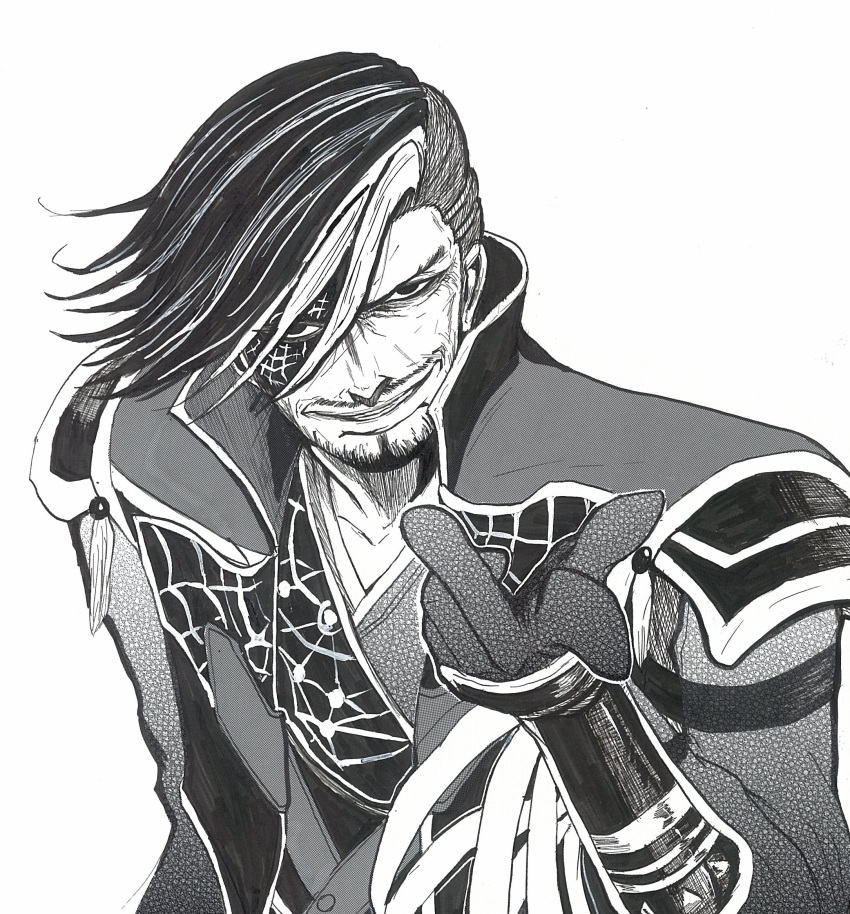 coat, facial_hair, goatee, grin, hair_over_one_eye, highres, japanese_clothes, kimono