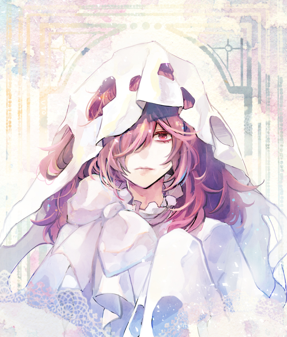 1boy, bags_under_eyes, bow, closed_mouth, commentary_request, dame_x_prince, eyelashes, ghost_costume