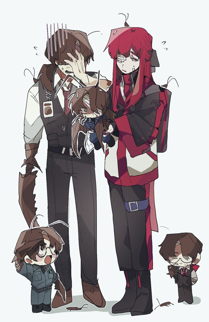 1boy, 1girl, antennae, arthropod_limbs, bandage_over_one_eye, black_bag, black_bow, black_pants, black_shoes, black_vest, bow, brown_eyes, brown_hair, brown_shoes, bug, chibi, cockroach, collared_shirt, facial_hair, full_body, g_corp._(identity)_(project_moon), gauze, gauze_over_eye, glasses, gmno_6, gregor_(project_moon), grey_eyes, hair_bow, highres, insect, lcb_uniform_(project_moon), limbus_company, long_hair, long_sleeves, looking_at_another, low_ponytail, necktie, open_mouth, pants, ponytail, project_moon, red_hair, red_necktie, shirt, shoes, simple_background, standing, vest, white_background, white_shirt, yuri_(project_moon)
