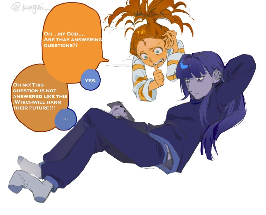 ..., 2girls, anxiety_(inside_out_2), aqua_eyes, arm_behind_head, artist_name, blue_eyes, blue_hair