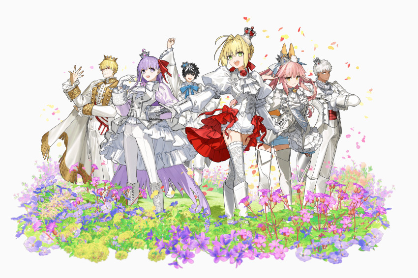 3boys, 3girls, absurdres, ahoge, animal_ear_fluff, animal_ears, archer_(fate), archer_(flower_parade)_(fate), ascot, bb_(fate), bb_(flower_parade)_(fate), black_hair, blonde_hair, blue_eyes, blue_shorts, boots, braid, breasts, brooch, buttons, cape, charlemagne_(fate), charlemagne_(flower_parade)_(fate), crown, dark-skinned_male, dark_skin, earrings, falling_petals, fate/extella, fate/extella_link, fate/extra, fate_(series), flower, formal_clothes, fox_ears, fox_girl, fox_tail, fringe-trimmed_cape, gilgamesh_(fate), gilgamesh_(flower_parade)_(fate), gloves, grass, green_eyes, grey_eyes, hair_between_eyes, hair_bun, hair_intakes, hair_ribbon, hand_on_own_hip, highres, jacket, jewelry, juliet_sleeves, knee_boots, large_breasts, long_hair, long_sleeves, mini_crown, multicolored_hair, multiple_boys, multiple_girls, neck_ribbon, nero_claudius_(fate), official_art, on_ground, one_eye_closed, open_mouth, pants, petals, pink_hair, promotional_art, puffy_sleeves, purple_eyes, purple_hair, red_eyes, red_ribbon, ribbon, second-party_source, shirt, shoes, short_hair, shorts, smile, split_ponytail, streaked_hair, tail, tamamo_no_mae_(fate), tamamo_no_mae_(flower_parade)_(fate), thigh_boots, thighhighs, two-tone_hair, updo, very_long_hair, vest, wada_arco, white_cape, white_gloves, white_hair, white_jacket, white_pants, white_shirt, white_shoes, white_shorts, white_thighhighs, white_vest, yellow_eyes