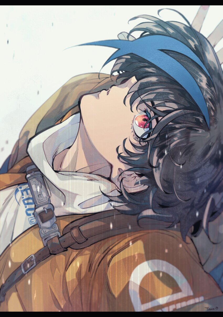 1girl, absurdres, androgynous, black_hair, blue_streaks, commentary, guilty_gear, guilty_gear_strive