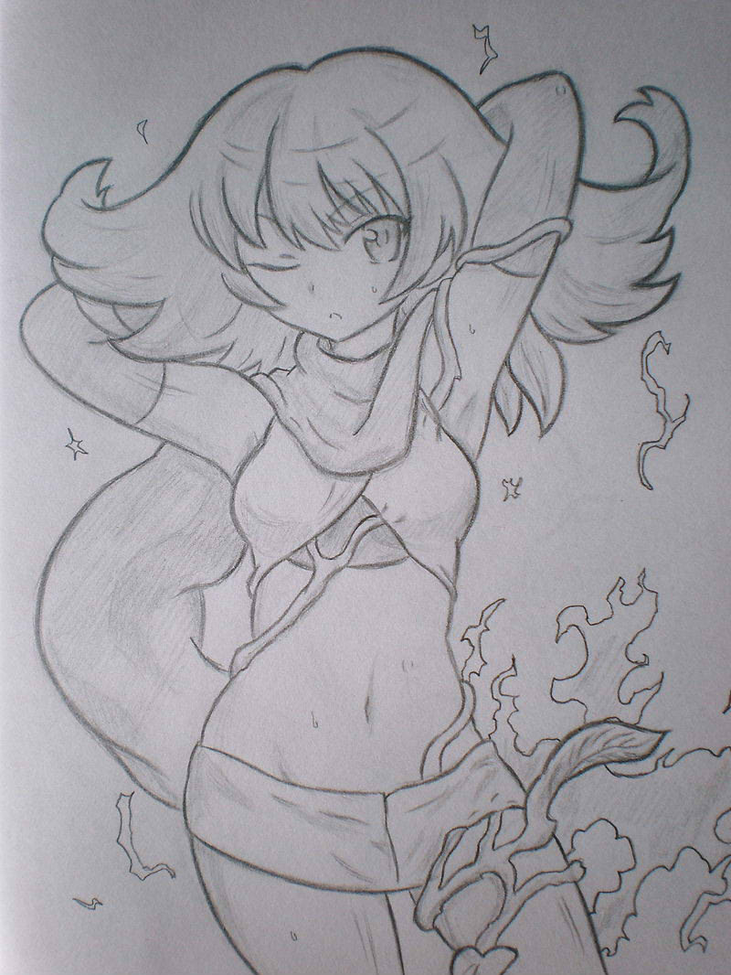 1girl, arms_behind_head, bansyo31, cowboy_shot, electricity, graphite_(medium), greyscale, kid_icarus