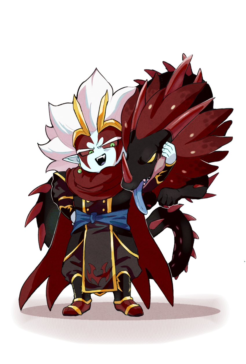 2boys, black_robe, blue_sash, blue_skin, blue_tongue, buttons, cape, chibi, colored_skin, colored_tongue, commentary_request, d_norainu_b, dark_shenron, demon_boy, double-breasted, dragon, dragon_ball, dragon_ball_heroes, earrings, facial_mark, fangs, gem, gold_trim, green_eyes, green_gem, hand_on_own_hip, headpiece, highres, horns, jewelry, light_blush, long_hair, looking_at_another, male_focus, mechikabura, multiple_boys, no_pupils, nose_horn, open_mouth, potara_earrings, red_cape, red_horns, robe, sash, sharp_teeth, sphere_earrings, teeth, tendril, tongue, tongue_out, white_hair, yellow_eyes