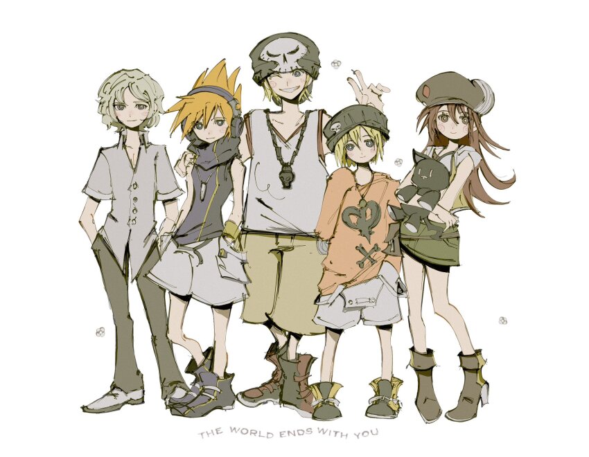 2girls, 3boys, arm_around_shoulder, arm_up, bare_shoulders, beanie, belt, belt_pouch