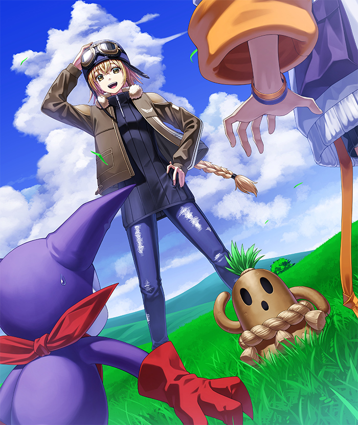 1boy, 2girls, bandana, bandana_around_neck, black_sweater, blonde_hair, blue_pants, braid