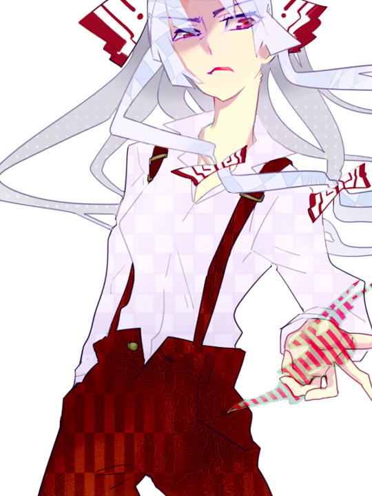 1girl, annoyed, bow, female_focus, fujiwara_no_mokou, hair_bow, long_hair, red_eyes