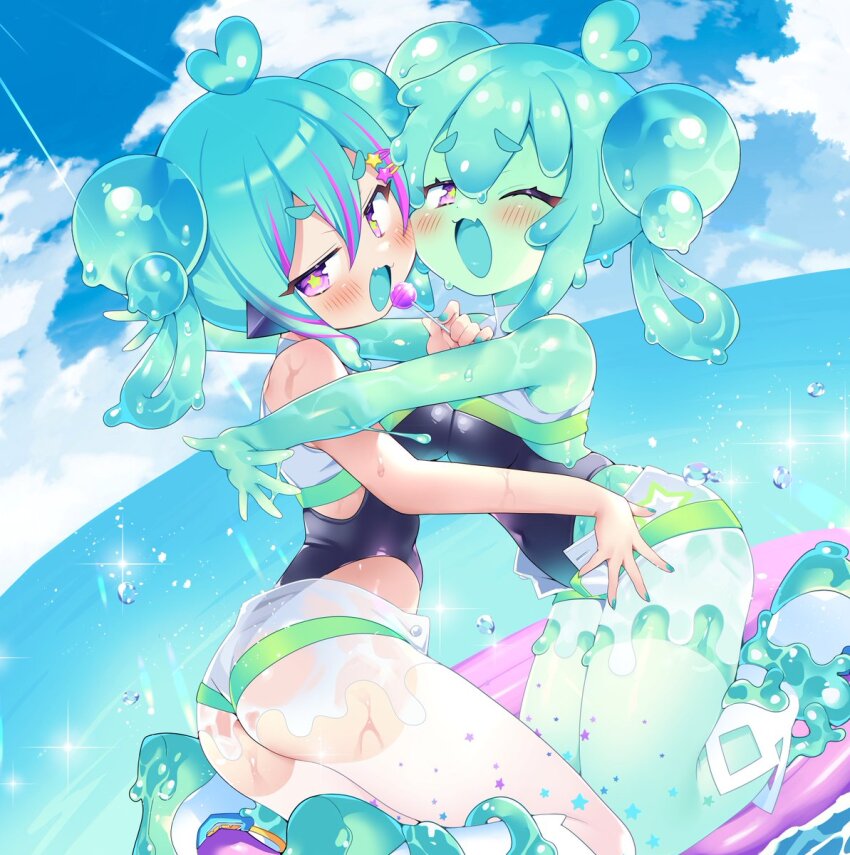 aqua_hair, aqua_skin, ass, blush, breasts, colored_skin, deformed, double_bun