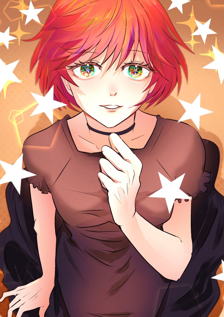 1girl, absurdres, aeka_(0ameiro0), bec_mcconn, choker, green_eyes, highres, puffy_short_sleeves, puffy_sleeves, red_hair, short_hair, short_sleeves, smile, solo, the_demonata