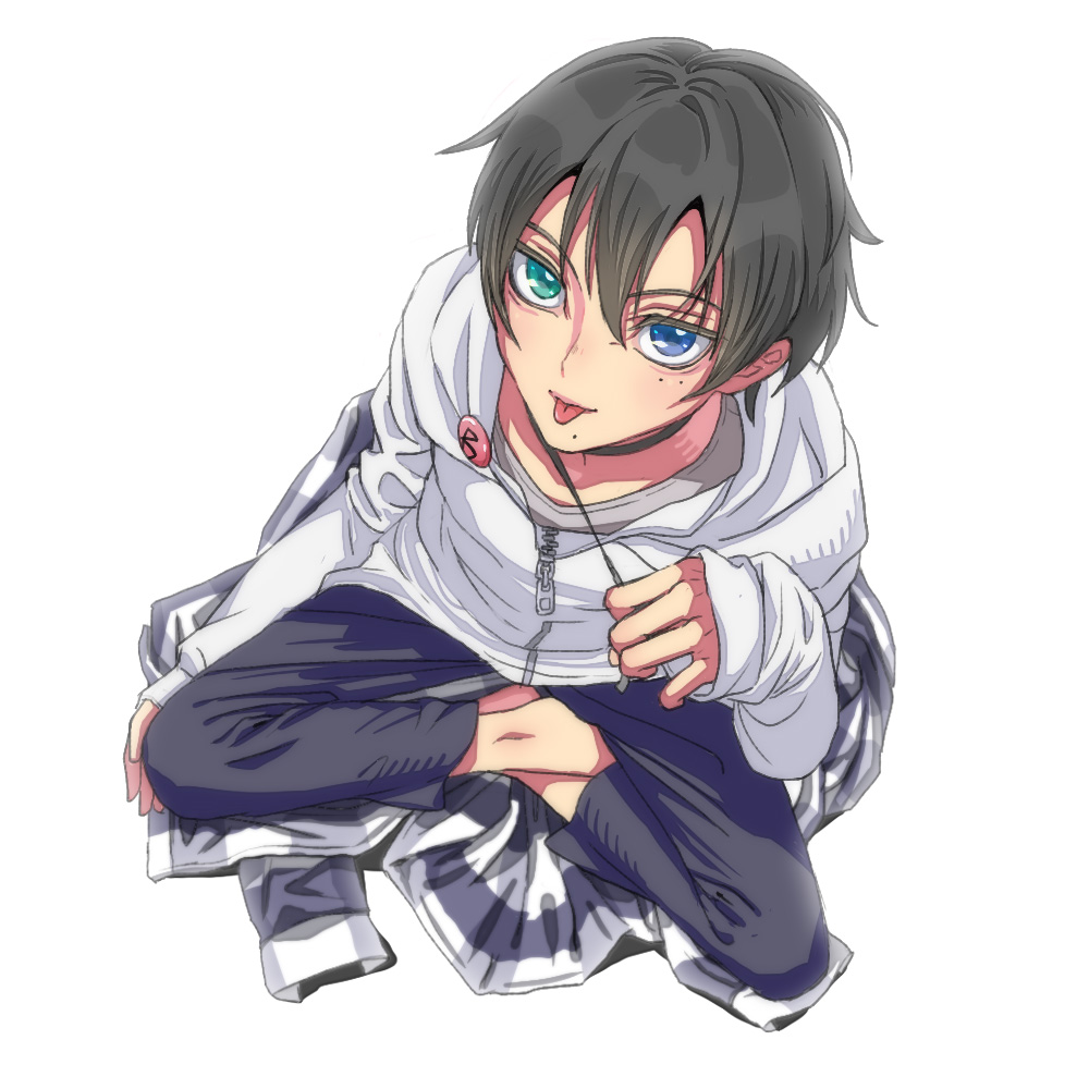 1boy, :p, aegyo_sal, badge, barefoot, black_choker, black_hair, black_pants, blue_eyes, borrowed_clothes, button_badge, choker, commentary_request, flannel, from_above, full_body, green_eyes, grey_shirt, gyozaz, hair_between_eyes, hand_on_own_knee, hand_up, heterochromia, hood, hoodie, hypnosis_mic, indian_style, light_smile, looking_at_viewer, male_focus, mole, mole_under_eye, mole_under_mouth, multiple_moles, pants, shirt, short_hair, simple_background, sitting, solo, tongue, tongue_out, white_background, white_hoodie, yamada_saburo, zipper