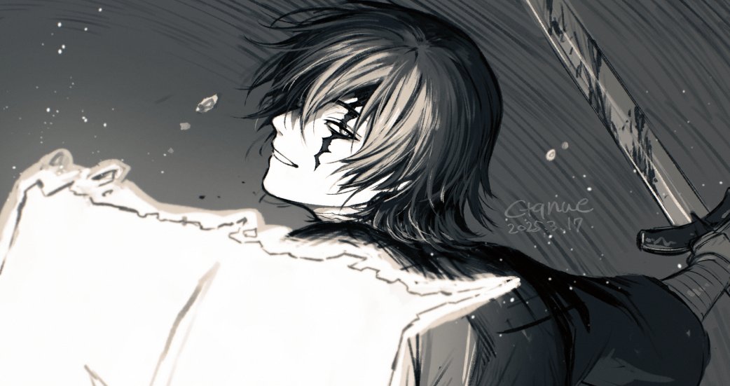 1boy, artist_name, black_hair, blood, bloody_weapon, centuria, centuria_(manga), ctqnue