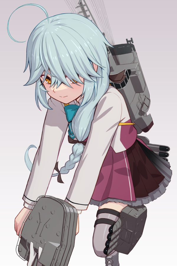 1girl, blue_hair, boots, closed_mouth, commentary, gradient_background, grey_background, grey_thighhighs
