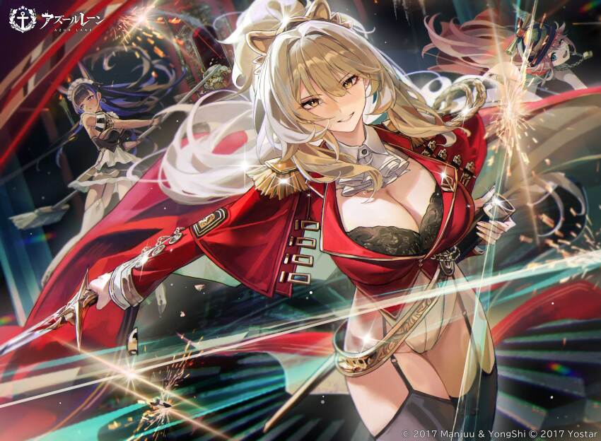 3girls, absurdres, animal_ears, azur_lane, black_bra, black_dress, black_garter_straps, black_thighhighs