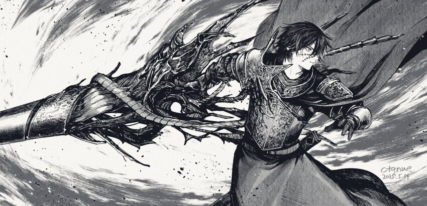 1boy, arm_mounted_weapon, armor, artist_name, cape, centuria, centuria_(manga), ctqnue