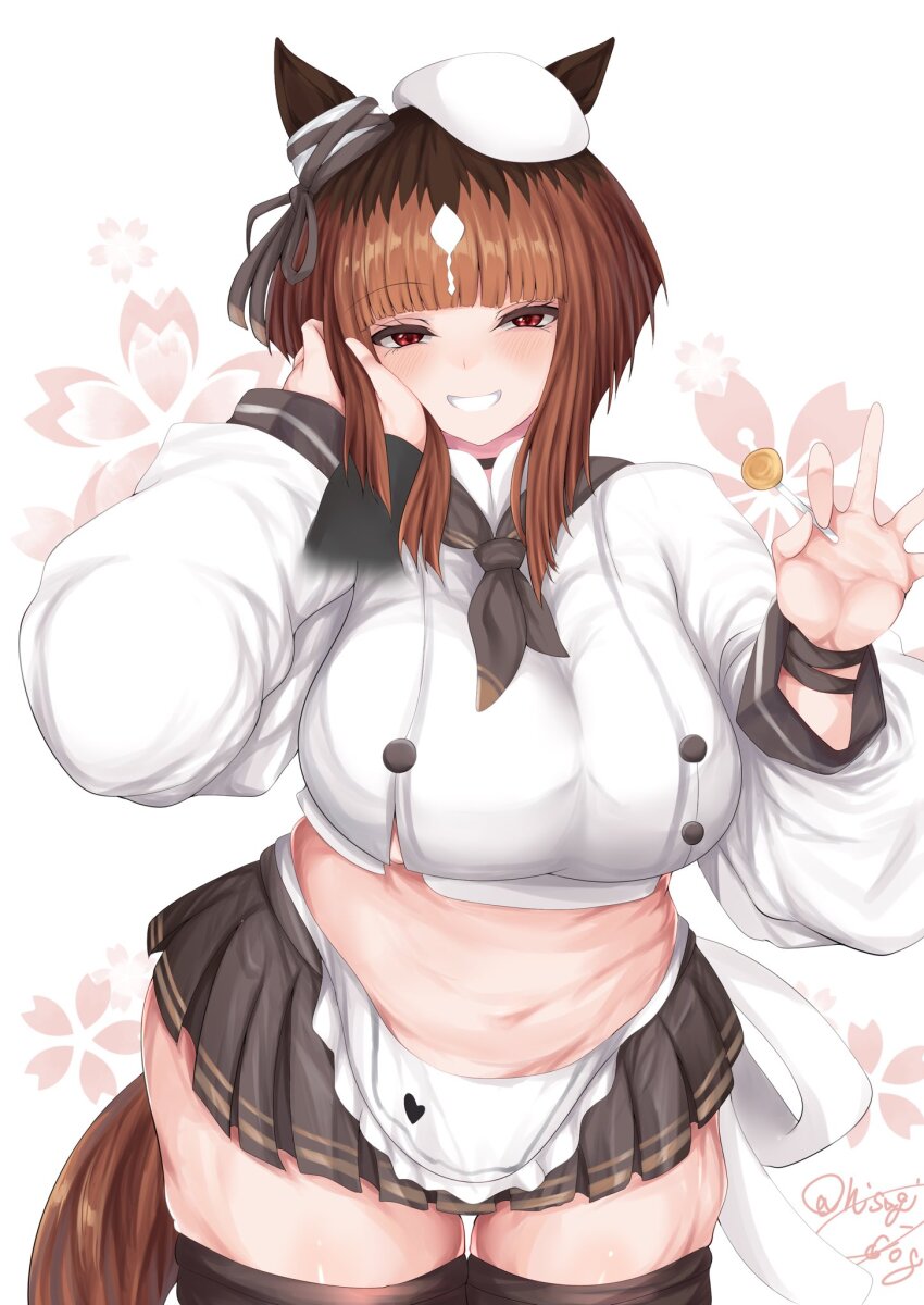 1girl, akitsugu_hisagi, animal_ears, apron, belly, beret, black_skirt, black_thighhighs