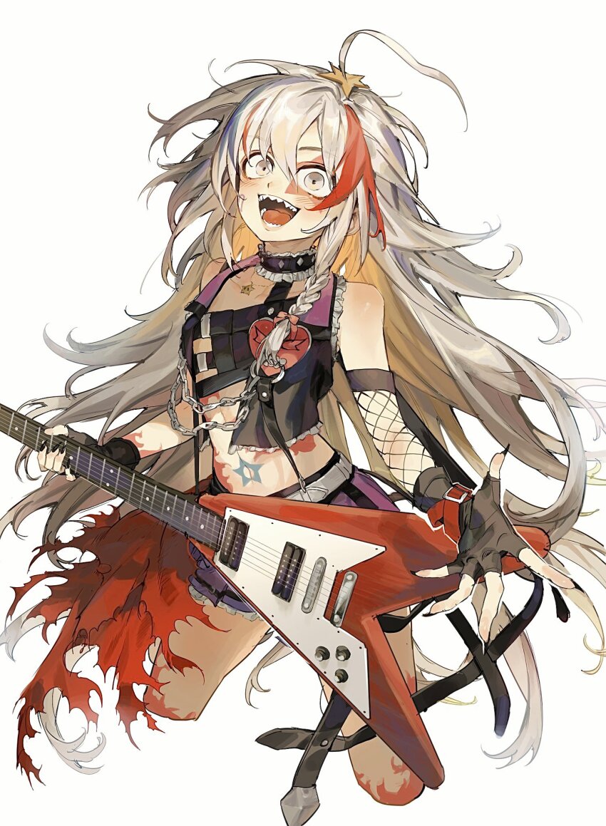 1girl, ahoge, bare_shoulders, blush, bodypaint, breasts, crop_top, electric_guitar, facepaint, fingerless_gloves, fingernails, gloves, grey_eyes, grey_hair, guitar, haro_mikan, highres, hoshi_syoko, idolmaster, idolmaster_cinderella_girls, instrument, long_fingernails, long_hair, looking_at_viewer, multicolored_hair, navel, open_mouth, red_hair, sharp_teeth, small_breasts, solo, streaked_hair, teeth