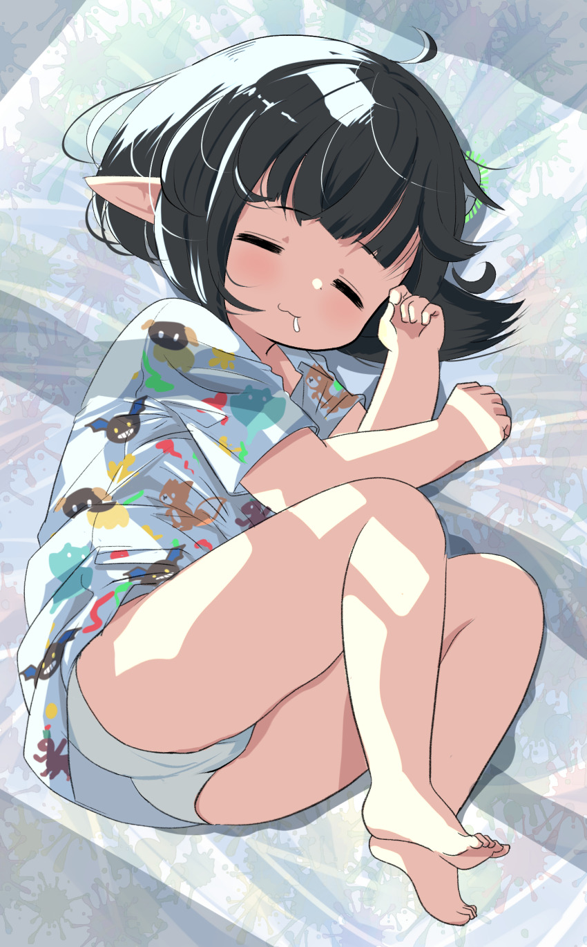1girl, :3, bare_legs, barefoot, black_hair, closed_eyes, closed_mouth, commentary_request, drooling, final_fantasy, final_fantasy_xiv, full_body, highres, lalafell, loli, panties, pointy_ears, print_shirt, saliva, shelldy, shirt, short_hair, short_sleeves, sleeping, solo, sugar_riot, underwear, white_panties