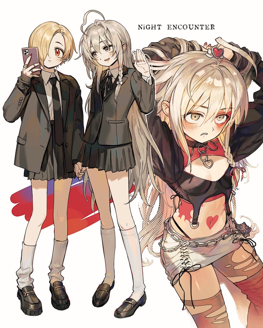 2girls, blonde_hair, breasts, cellphone, crop_top, facepaint, full_body, grey_eyes, grey_hair, haro_mikan, highres, holding_hands, hoshi_syoko, idolmaster, idolmaster_cinderella_girls, jacket, loafers, long_hair, miniskirt, multiple_girls, navel, necktie, pantylines, phone, red_eyes, school_uniform, shirasaka_koume, shoes, short_hair, skirt, small_breasts, smartphone, smile, socks, thighhighs, torn_clothes, torn_thighhighs