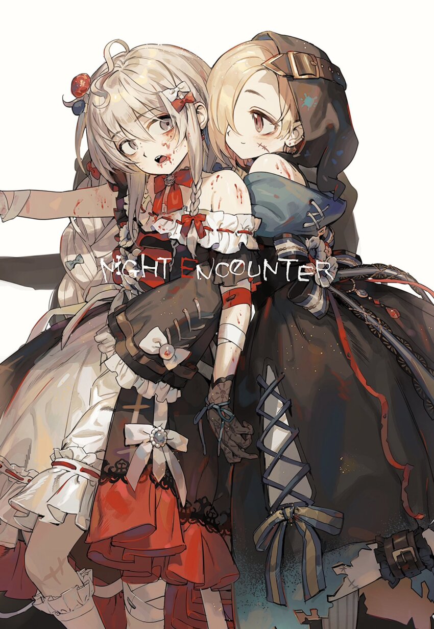 2girls, ahoge, blonde_hair, blood, blood_on_arm, blood_on_face, brown_eyes, dress