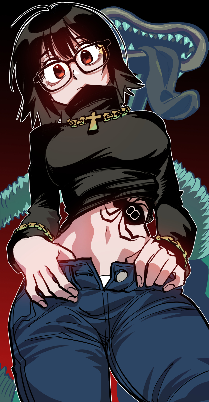 1girl, absurdres, black_sweater, blinky_(hunter_x_hunter), blue_pants, bracelet, breasts, chain