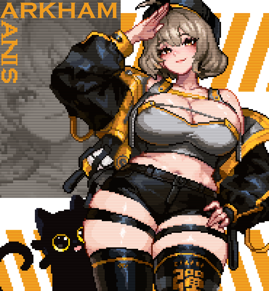 1girl, ahoge, anis_(nikke), arkham-ts, arm_up, artist_name, bat_(animal), beret, black_cat, black_hat, black_jacket, black_shorts, black_thighhighs, breasts, brown_eyes, brown_hair, cat, cleavage, closed_mouth, commentary, cowboy_shot, crop_top, curvy, goddess_of_victory:_nikke, grey_shirt, hand_on_own_hip, hat, huge_breasts, jacket, large_breasts, long_sleeves, looking_at_viewer, midriff, navel, open_clothes, open_jacket, pixel_art, salute, shirt, short_hair, short_shorts, shorts, smile, solo, thick_thighs, thigh_strap, thighhighs, thighs, zoom_layer