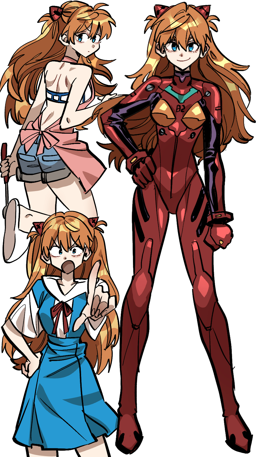 1girl, :o, apron, bare_legs, blue_eyes, blue_shorts, bodysuit, breasts