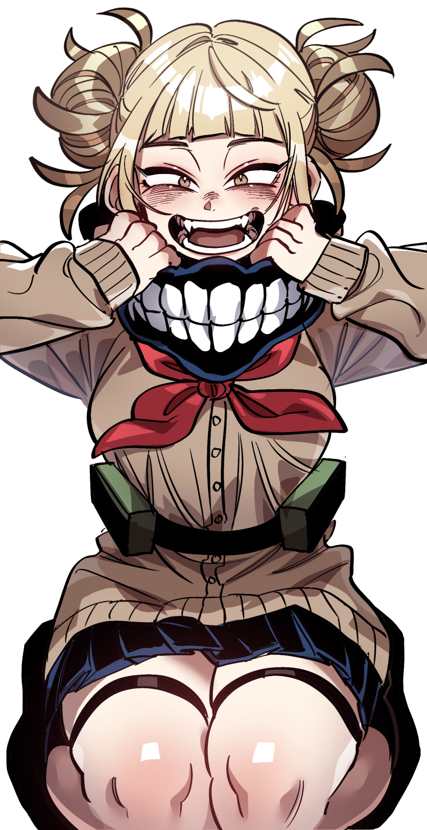 1girl, absurdres, black_skirt, blonde_hair, blunt_bangs, blush, boku_no_hero_academia, breasts