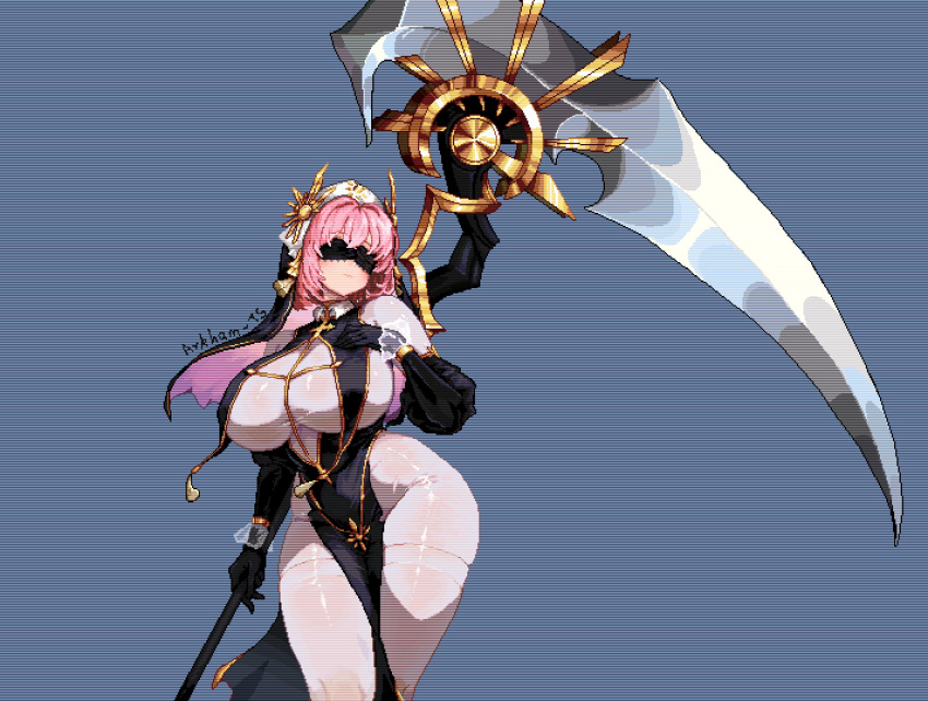 1girl, arkham-ts, artist_name, black_gloves, blindfold, blue_background, bodystocking, breast_curtains