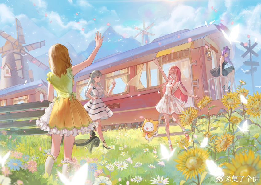 4girls, ^_^, absurdres, ace_(miracle_nikki), ahoge, animal, ankle_socks, apron, arm_up, bare_arms, bare_legs, bare_shoulders, bench, black_bow, black_dress, black_shoes, blue_sky, blunt_bangs, bobo_(miracle_nikki), bow, bow_legwear, skirt_bow, bowtie, braid, brown_eyes, brown_hair, bug, butterfly, cat, chinese_commentary, cloak, closed_eyes, closed_mouth, clothed_animal, cloud, commentary_request, denim, denim_shorts, dress, dress_bow, ear_covers, field, floral_print, flower, flower_field, frilled_shirt, frilled_skirt, frilled_socks, frills, full_body, green_bow, green_shirt, grey_eyes, grey_hair, hair_bow, hair_over_shoulder, hand_on_own_hip, happy, heart, high_heels, high_ponytail, highres, hood, hood_up, hooded_cloak, insect, kimi_(miracle_nikki), kneehighs, layered_skirt, lens_flare, long_hair, long_sidelocks, mary_janes, miniskirt, miracle_nikki, mo_le_ge_yi, momo_(nikki), multiple_girls, nikki_(nikki), nikki_(series), off-shoulder_dress, off_shoulder, open_mouth, orange_bow, orange_bowtie, outstretched_arm, parted_lips, pink_hair, pink_shoes, pleated_dress, pleated_skirt, ponytail, purple_hair, rose_print, scenery, shirt, shoes, short_dress, short_sleeves, shorts, side_braids, sidelocks, sign, simple_bird, sitting, skirt, skirt_set, sky, sleeveless, sleeveless_dress, sleeveless_shirt, smile, socks, standing, striped_clothes, striped_dress, sunflower, sunlight, traditional_bowtie, train, turtleneck, turtleneck_shirt, twin_braids, watermark, waving, wavy_hair, weibo_watermark, white_cat, white_dress, white_flower, white_shirt, white_skirt, white_socks, windmill, yellow_apron, yellow_cloak, yellow_flower, yellow_skirt