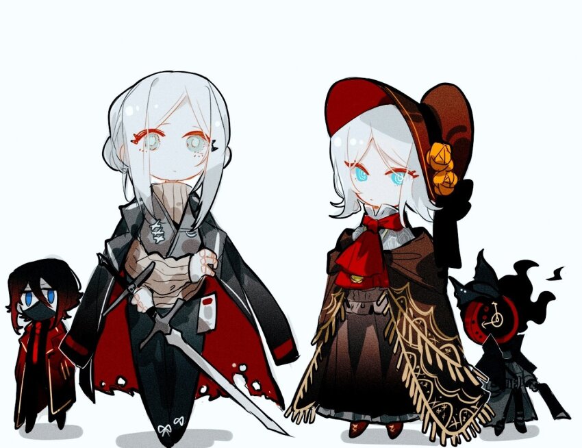 2girls, 2others, aislan, ascot, black_coat, black_hair, black_jacket, black_pants