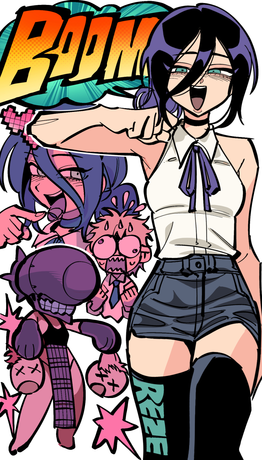 1boy, 1girl, black_choker, black_hair, black_shorts, black_thighhighs, blonde_hair, blue_eyes