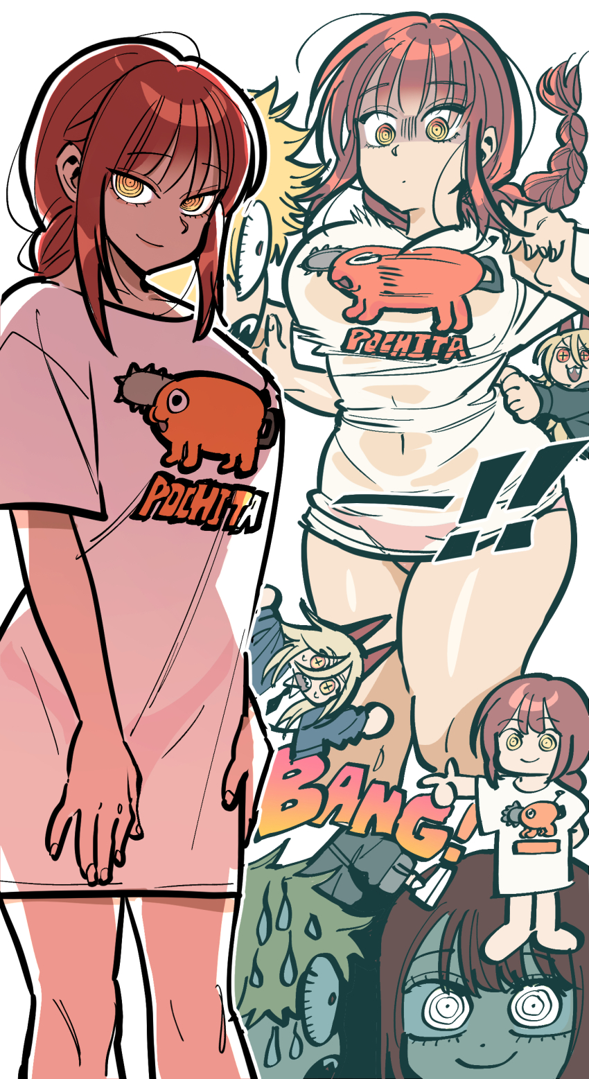 1boy, 2girls, absurdres, alternate_costume, black_necktie, blonde_hair, blue_jacket, braid, breasts, chainsaw_man, collared_shirt, denji_(chainsaw_man), finger_gun, highres, horns, jacket, large_breasts, long_hair, makima_(chainsaw_man), margare, multiple_girls, multiple_views, necktie, open_mouth, orange_eyes, oversized_clothes, oversized_shirt, power_(chainsaw_man), red_hair, ringed_eyes, shaded_face, shirt, short_sleeves, simple_background, single_braid, smile, sweatdrop, t-shirt, taut_clothes, taut_shirt, white_background