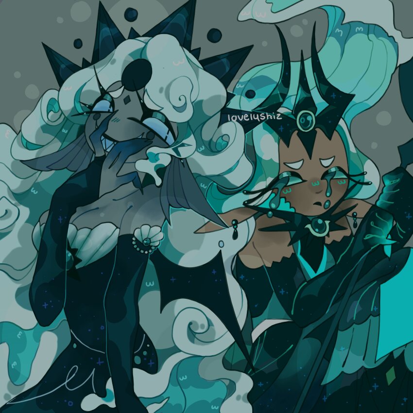 2girls, absurdres, black_pearl_cookie, colored_skin, cookie_run, cookie_run:_kingdom, crown, curly_hair