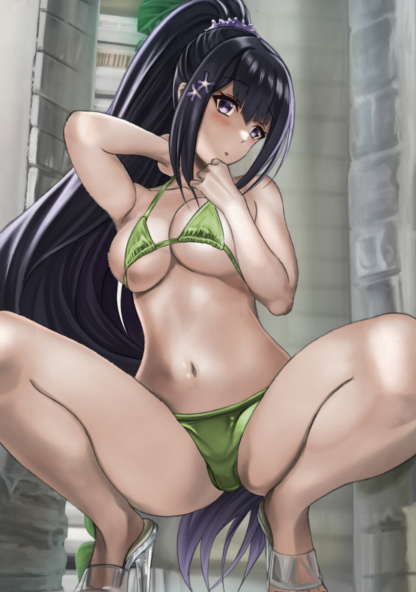1girl, absurdres, alternate_costume, bikini, black_hair, blue_archive, golden_week, green_bikini