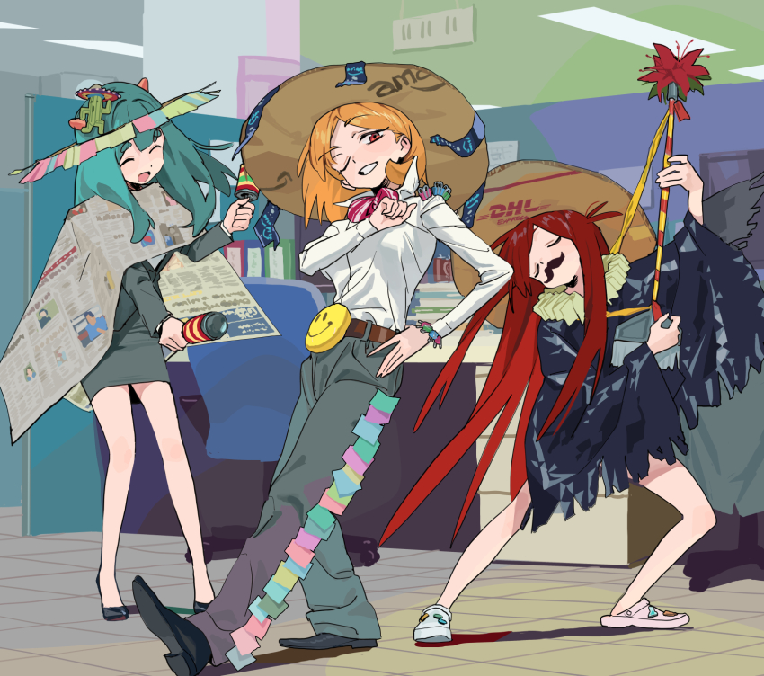 3girls, belt, binder_clip, black_shoes, blonde_hair, blue_hair, breasts, broom