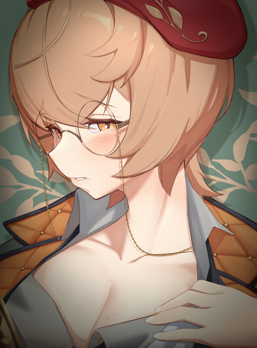 1girl, absurdres, beanie, blush, breasts, brown_eyes, brown_hair, chachironi3