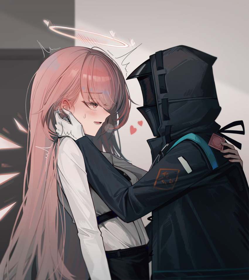 1boy, 1girl, arknights, belt, black_coat, black_necktie, blush, breath, chinese_commentary, coat, commentary_request, condom, condom_wrapper, detached_wings, doctor_(arknights), ear_blush, face-to-face, gloves, halo, hand_on_another's_back, hand_on_another's_ear, hand_on_another's_face, heart, hetero, highres, hood, hood_up, lemuen_(arknights), lemuen_(elite_ii)_(arknights), long_hair, long_sleeves, looking_at_another, male_doctor_(arknights), necktie, open_mouth, pink_eyes, pink_hair, profile, shirt, shokuyou_koori, smile, sweat, sweatdrop, traditional_halo, white_gloves, white_shirt, wings